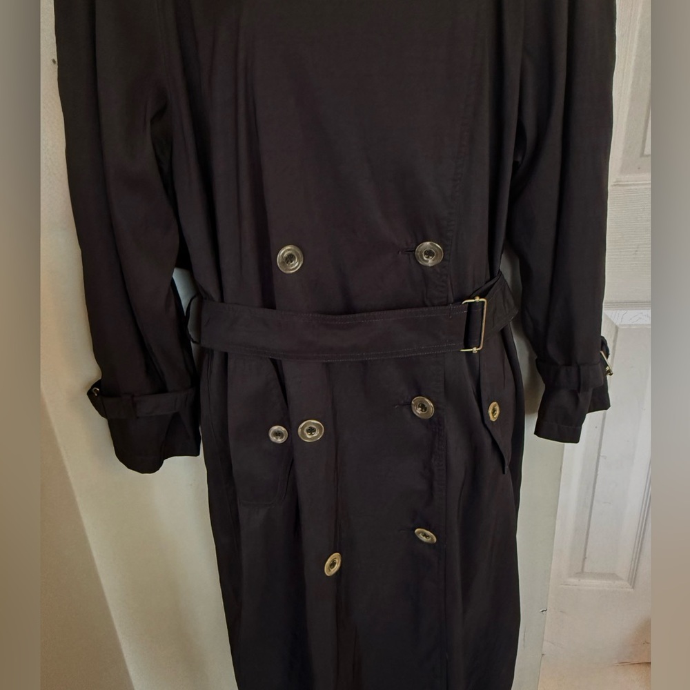 Jones New York Trench Coat M 8 10 Vintage 80s Long Black Double Breasted Spring - Picture 7 of 11